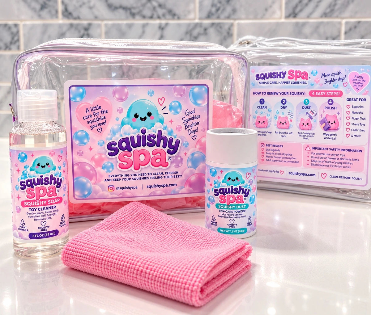 Squishy Spa kit with soap, dust, pink finishing cloth and clear carry bags